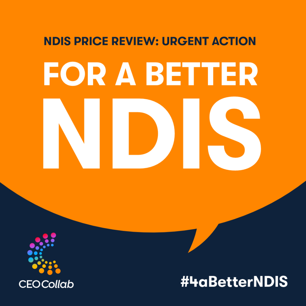 Orange speech bubble on a black background with words inside it in white writing saying NDIS Price Review Urgent Action - For a Better NDIS

The bottom left of the image has a logo which is a rainbow coloured C shape with the words CEO Collab underneath.

The bottom right of the image has the campaign hashtag #4aBetterNDIS