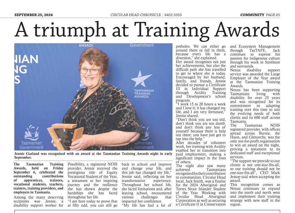 Nexus's training award win featured in circular Head Chronicle Sep 2024