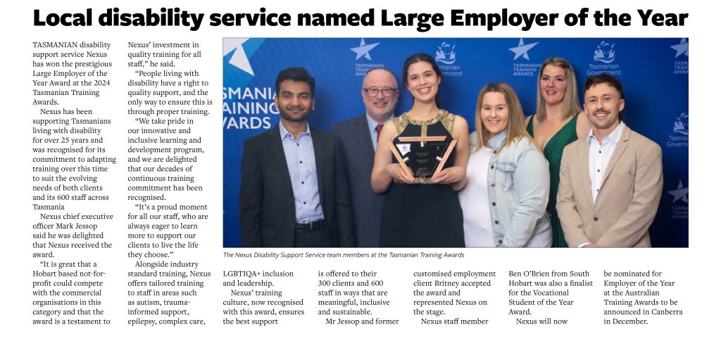 Nexus's training award win featured in Hobart Observer Oct 2024