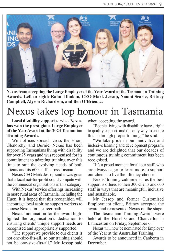 Nexus's training award win featured in Huon News and Tasmanian Business Reporter September 2024