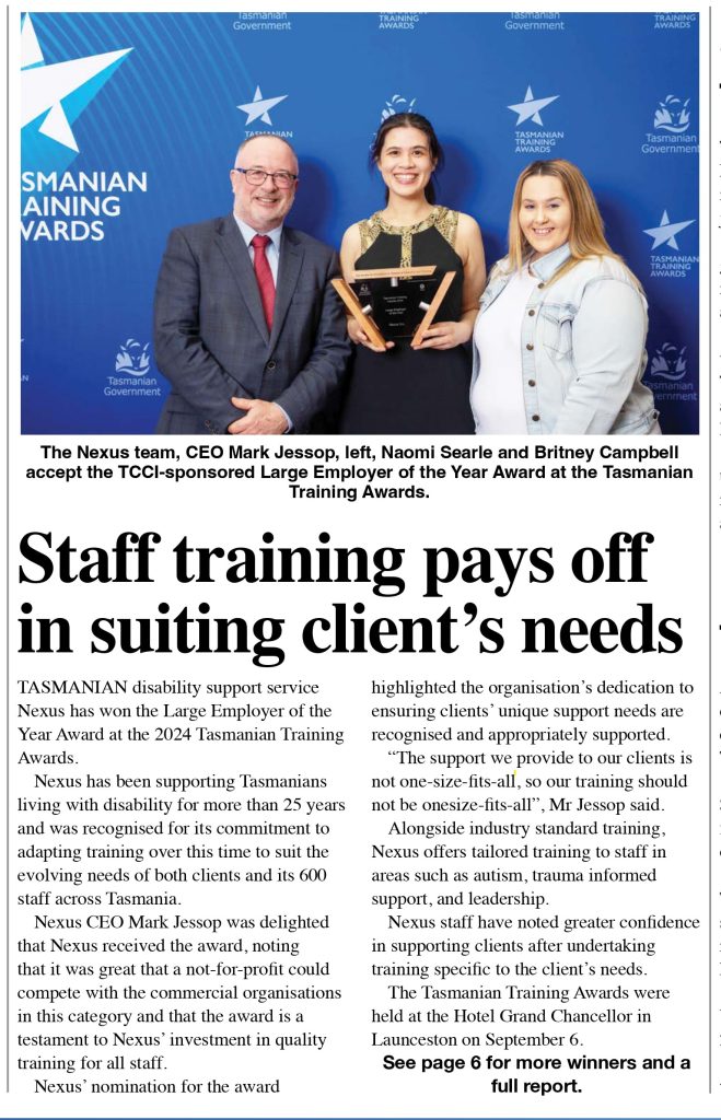 Nexus's training award win featured in Huon News and Tasmanian Business Reporter Sep 2024